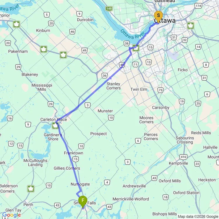 Map of Ottawa to Carleton Place and Smith Falls